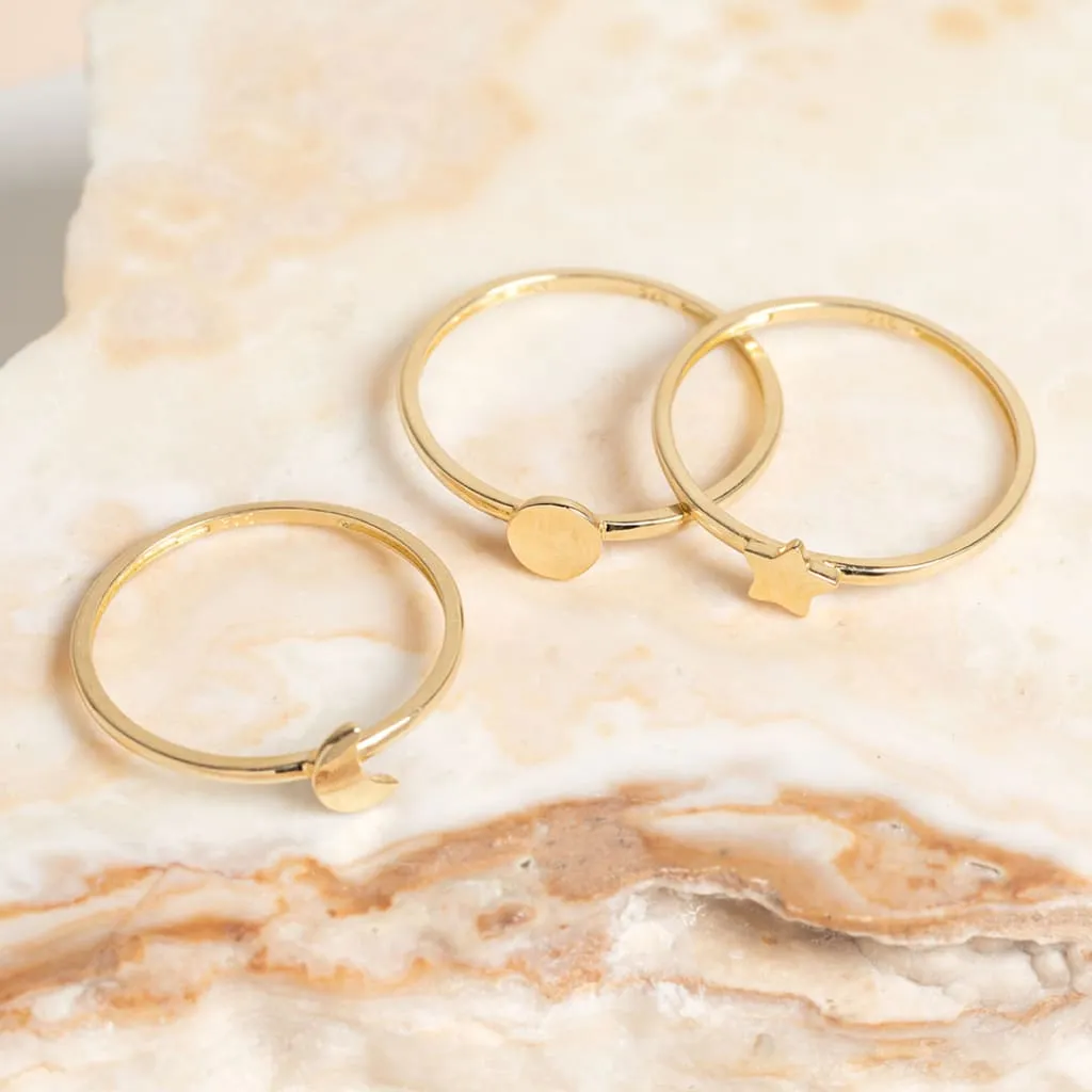Sun Moon & Star Stacking Rings | 9ct Gold