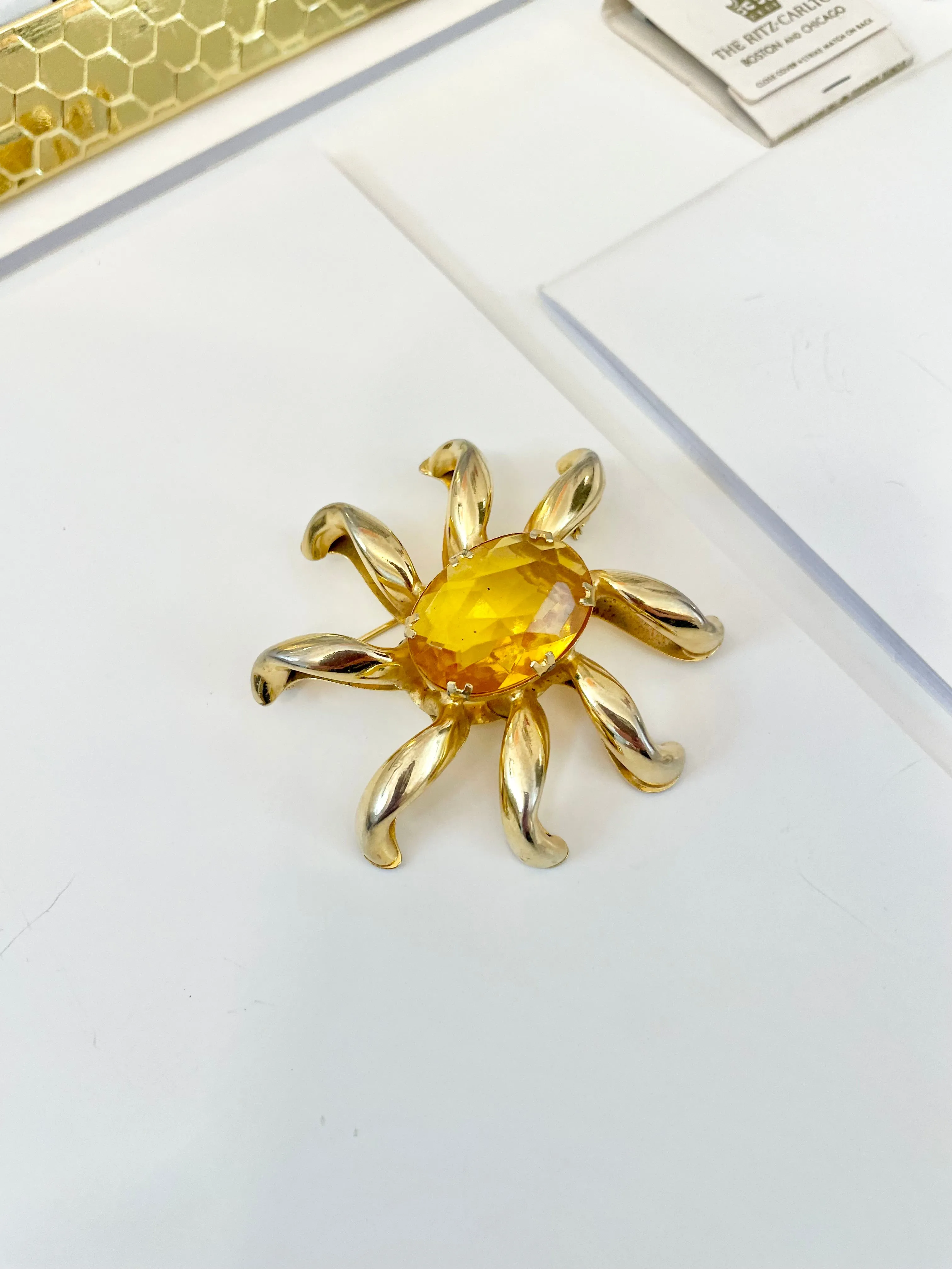 The most divine citrine glass, starburst gold classy brooch...