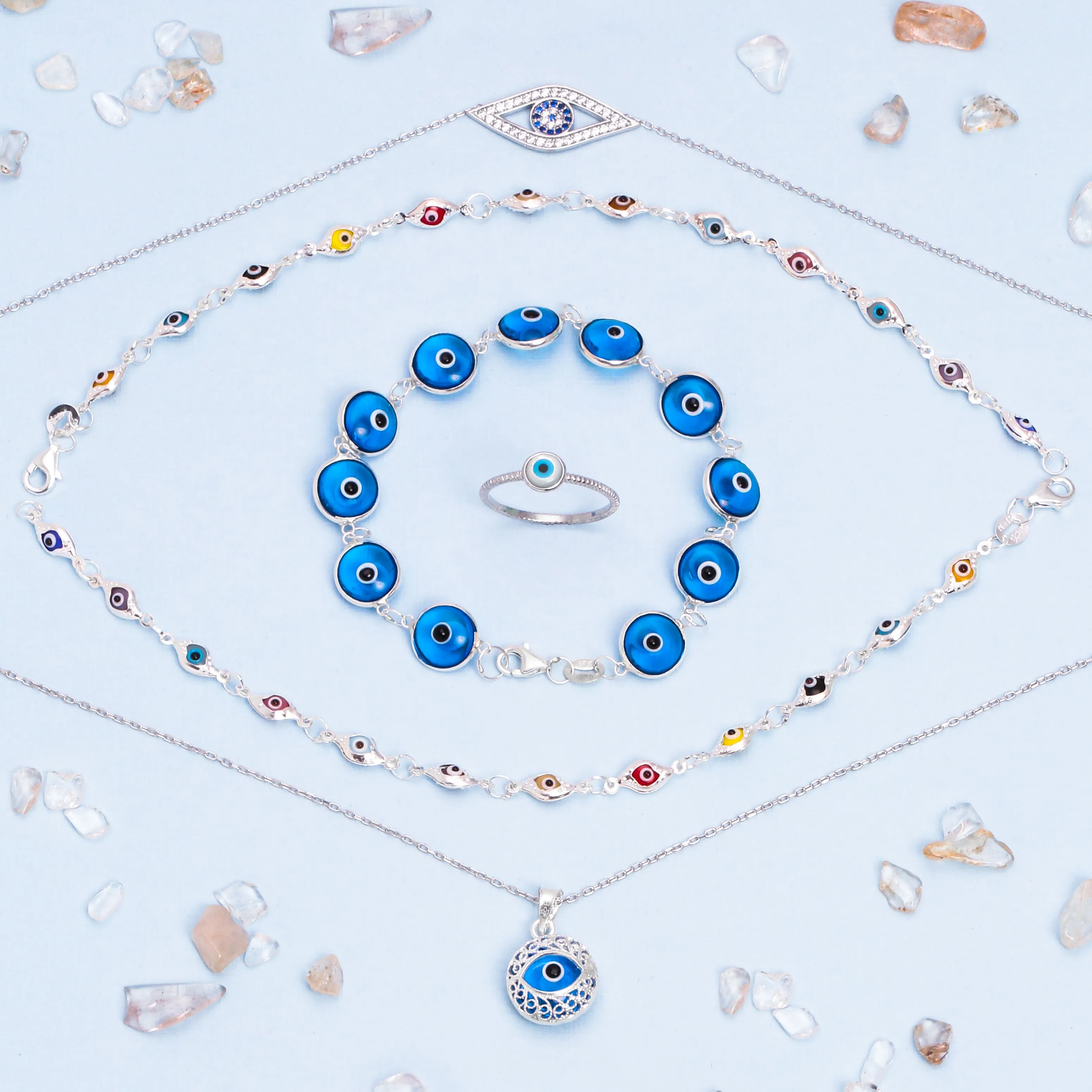 Turkish Amulet Aqua Nazar Blue Evil Eye Filigree Charm Pendant Necklace Silver
