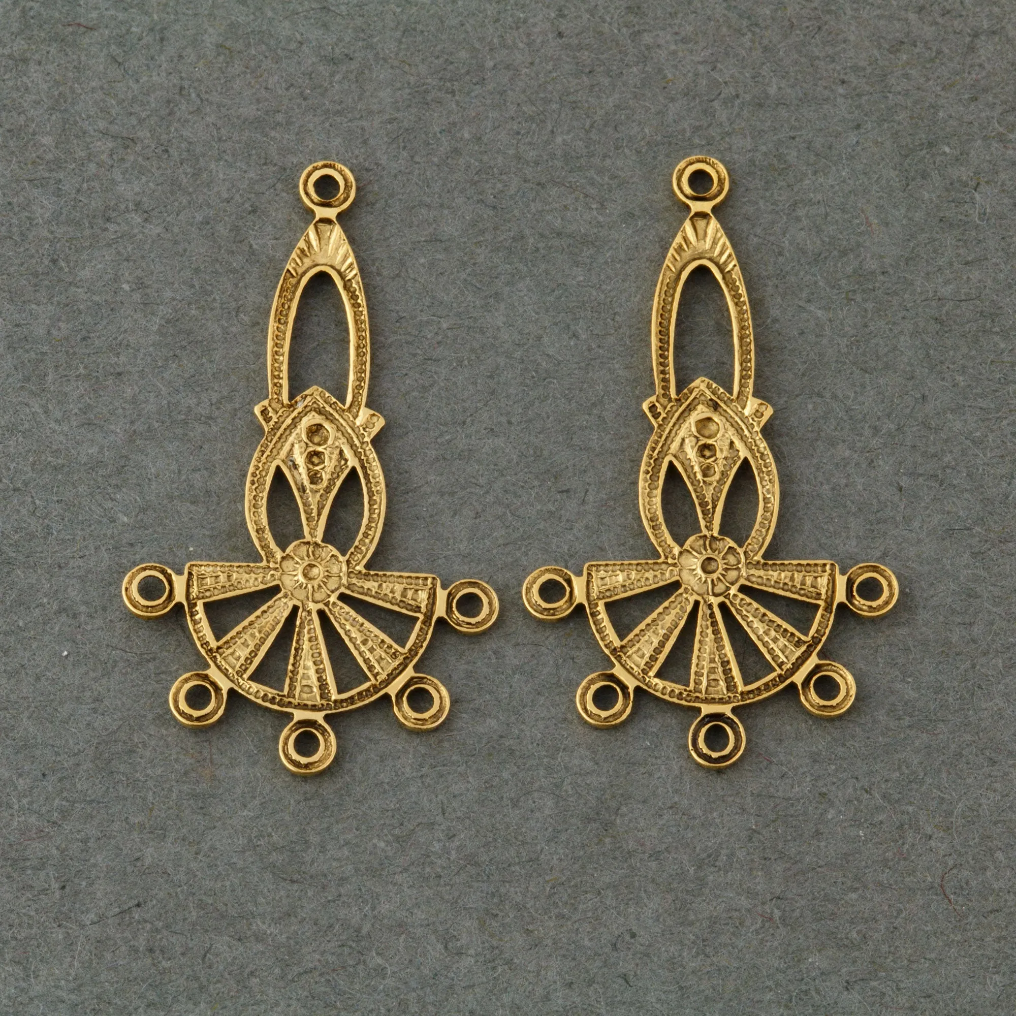 Vintage antique finish 24k gold plated brass filigree chandelier drop. 30x17mm Pkg. of 2. b9-0638g