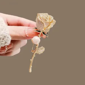 White Rose Rhinestone Gold-Toned Brooch With Synthetic Pearl